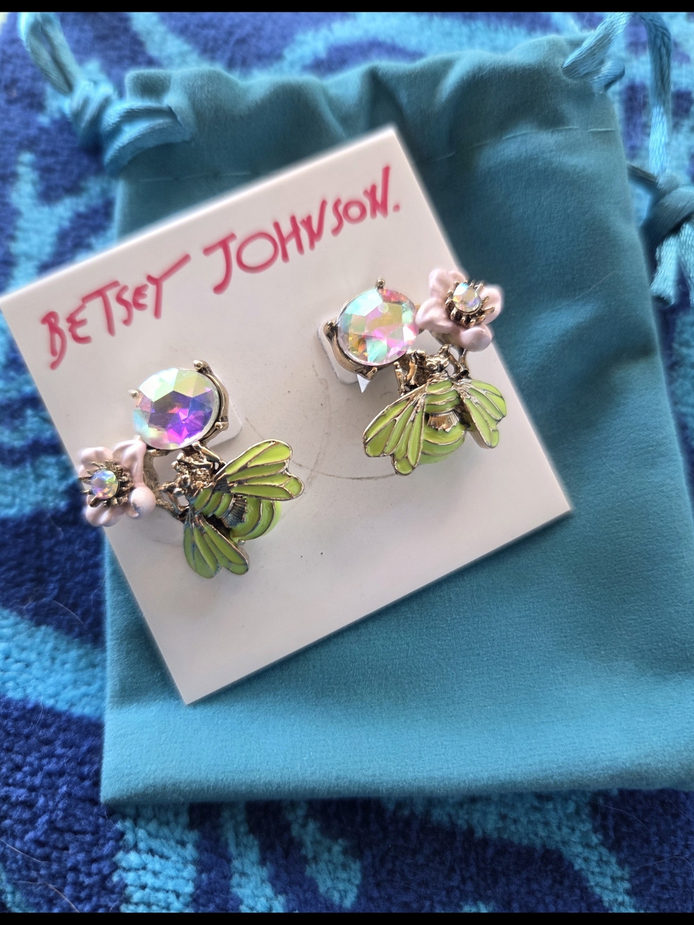 Betsey Johnson Iridescent Crystal Pink Flower & Lime Bee Earrings
